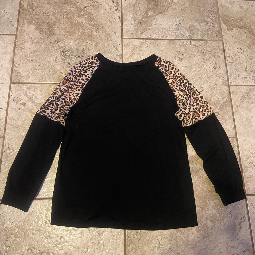 Black Long Sleeve Top with Leopard Print Accents